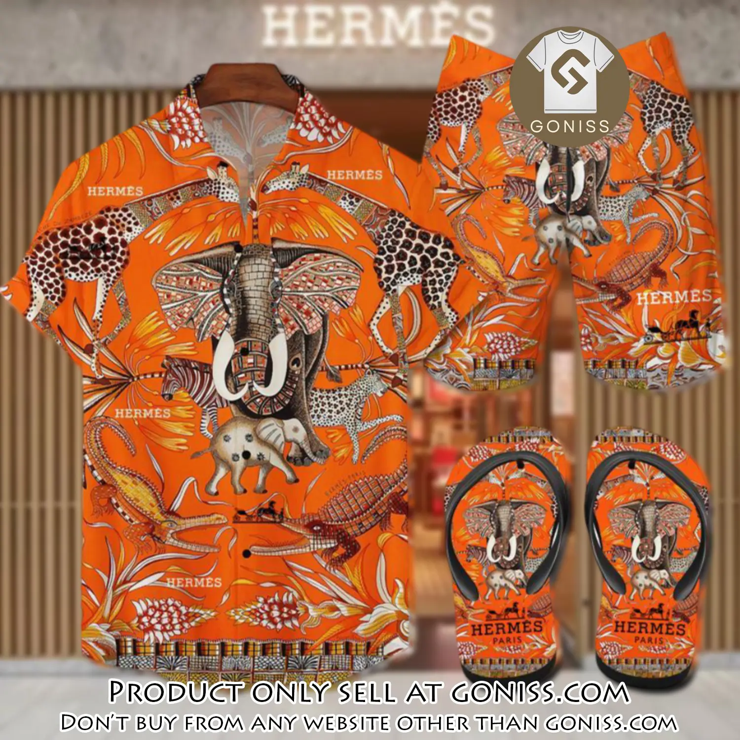 Hermes flip flops and combo hawaii shirt shorts luxury brand summer outfit hsf085 gn0554890